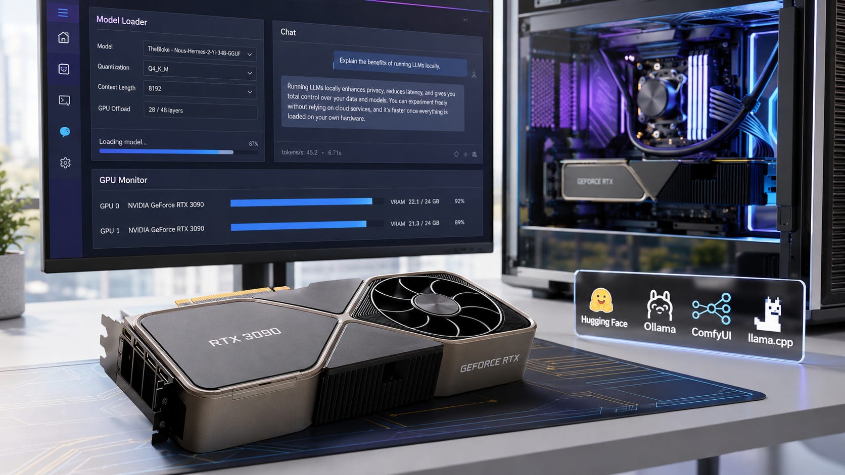 로컬 LLM 실행 화면과 GPU VRAM 사용량